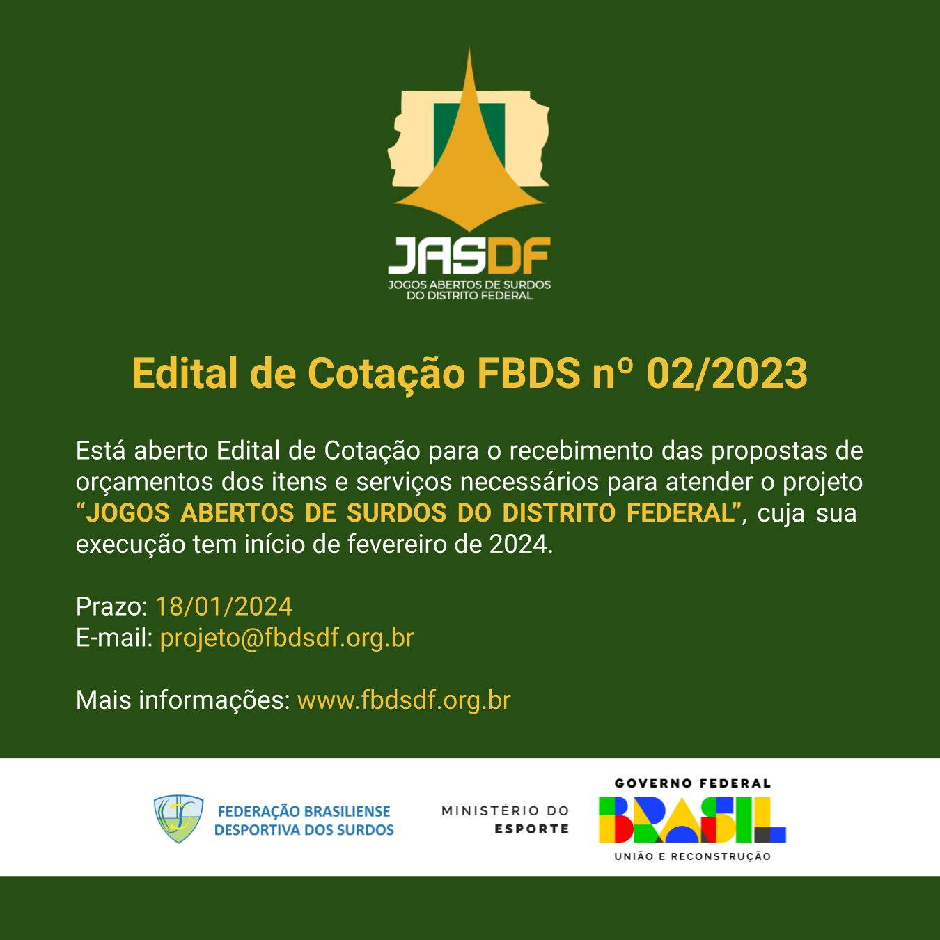 Cartaz Edital de Cotação JASDF 2024 - Prazo 18.01.2024